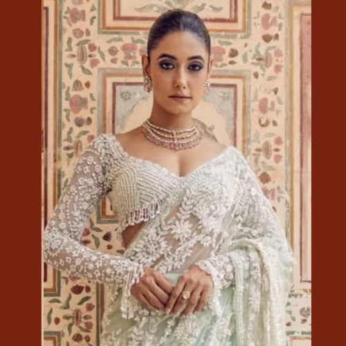 White Net saree embellished with Sequin Work and tassels in pallu with Designer Blouse