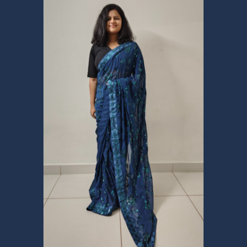 Ready to wear Georgette saree embellished with Sequin with belt - Dark Blue