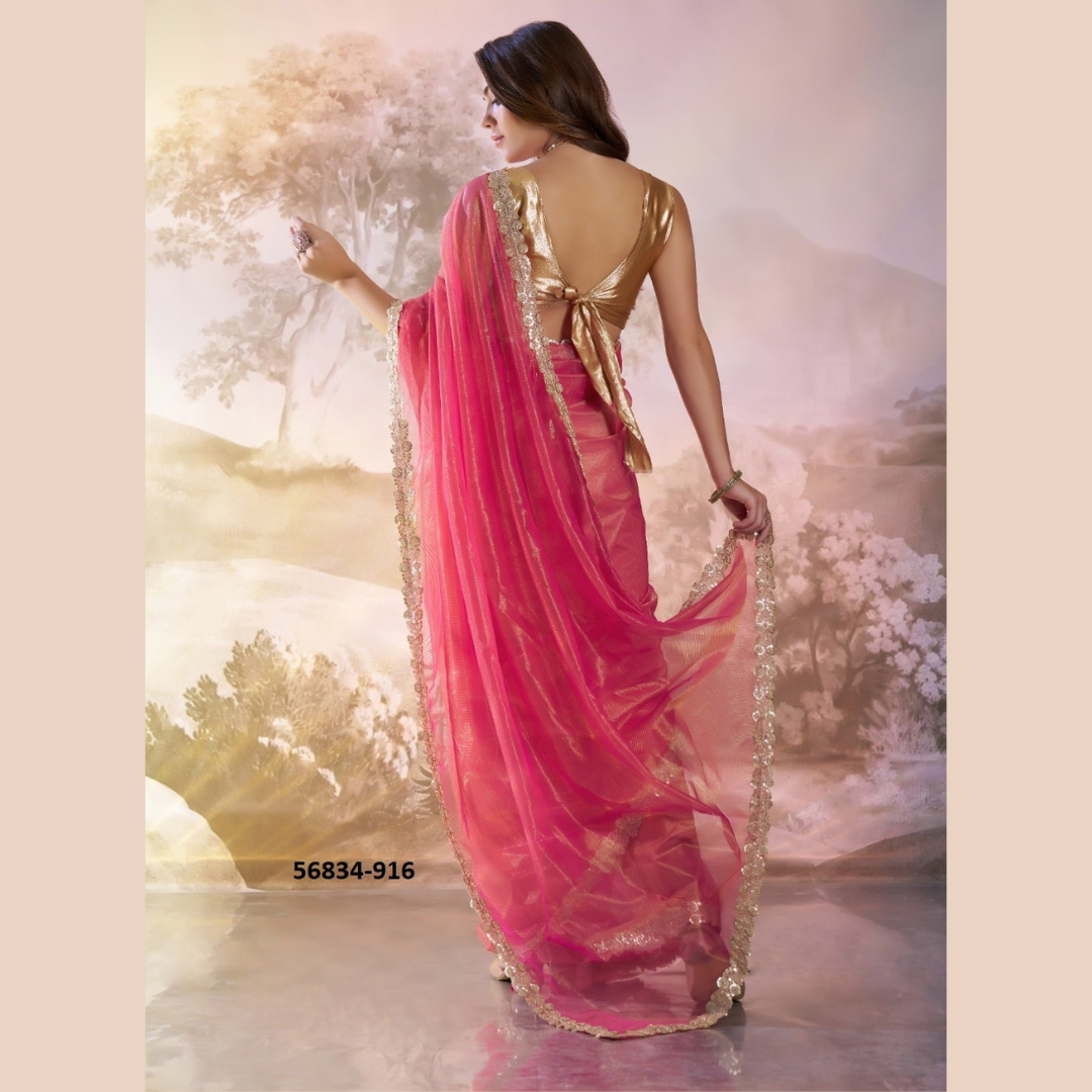 Dark Pink Glossy saree with golden lace border & Silk golden Blouse Piece