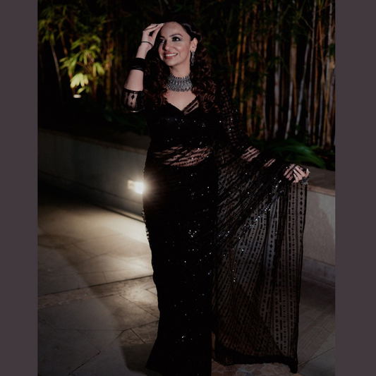 Black Georgette saree embellished with Sequin - Net with Stitched Blouse