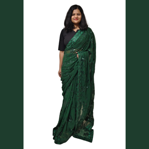 A Ready to wear Georgette saree embellished with Sequin with belt - Dark Green
