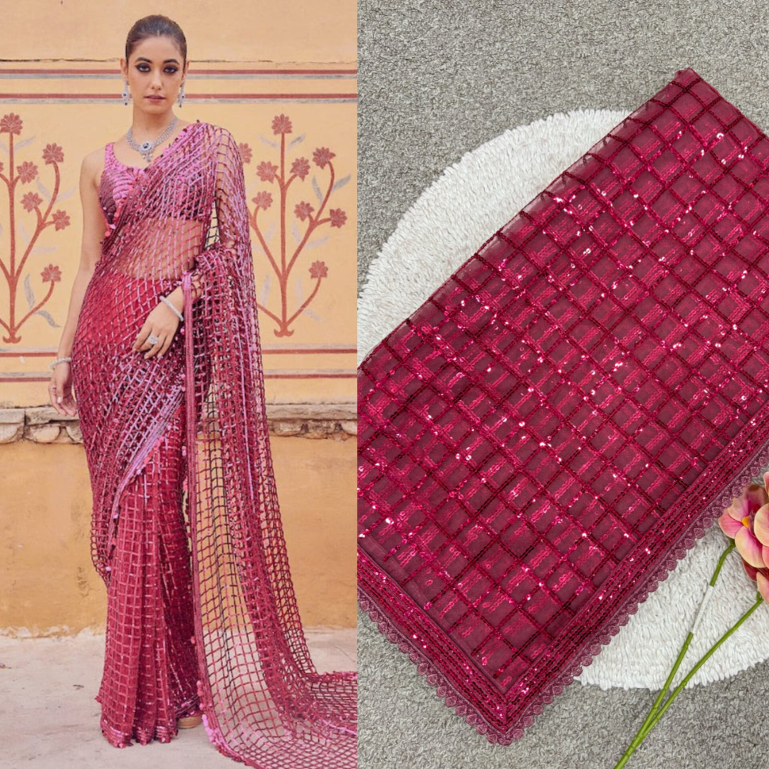 Pink Net saree embellished with Sequin
