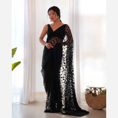 Black Georgette saree embellished with Sequin - Net