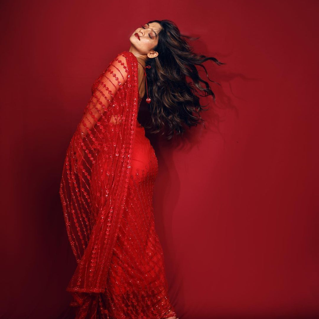 Red Net saree embellished with Sequin