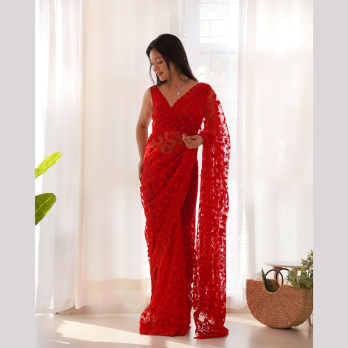 Red Georgette saree embellished with Sequin - Net