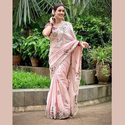 Pink Silk saree embellished with Heavy Embroidery