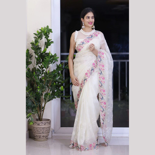 White Organza Soft Saree With Embroidery Sequin Work & Unstitched Blouse
