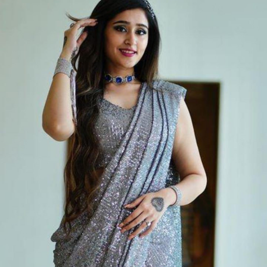 Grey Georgette saree embellished with sequin lining
