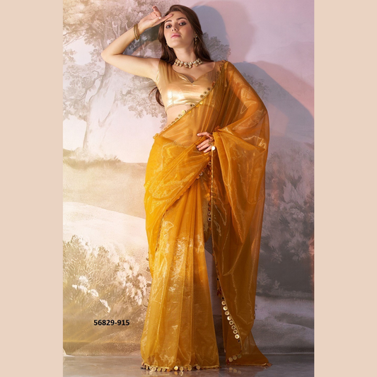 Yellow Glossy saree with golden lace border & Silk golden Blouse Piece