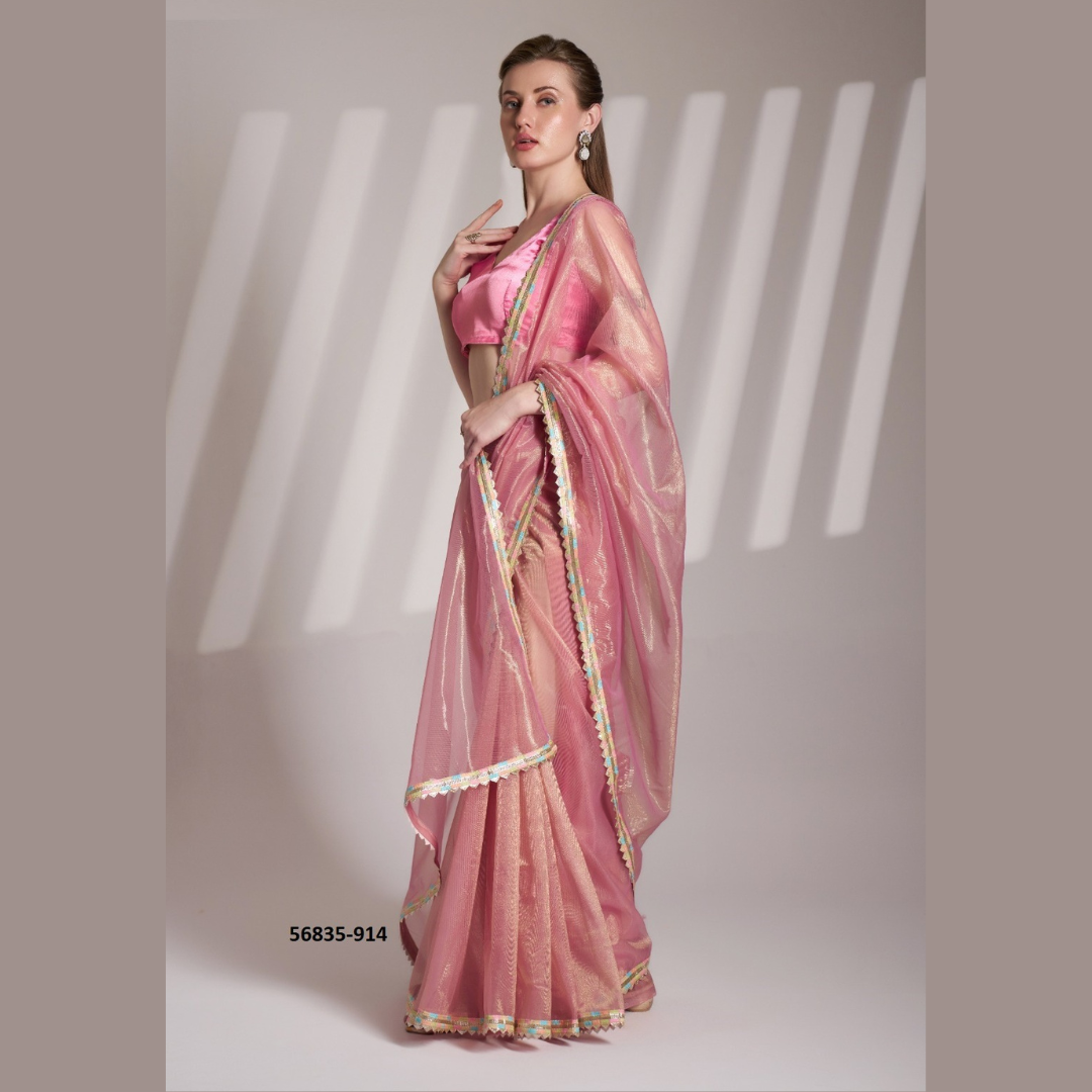 Pink Glossy saree with golden lace border & Silk Blouse Piece