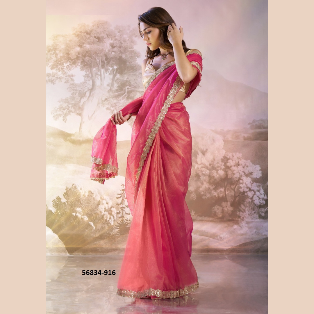 Dark Pink Glossy saree with golden lace border & Silk golden Blouse Piece
