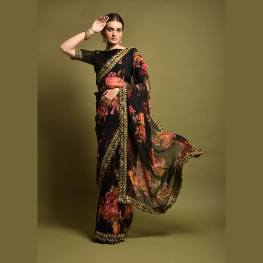 Black georgette chiffon saree with flower print & sequin lace