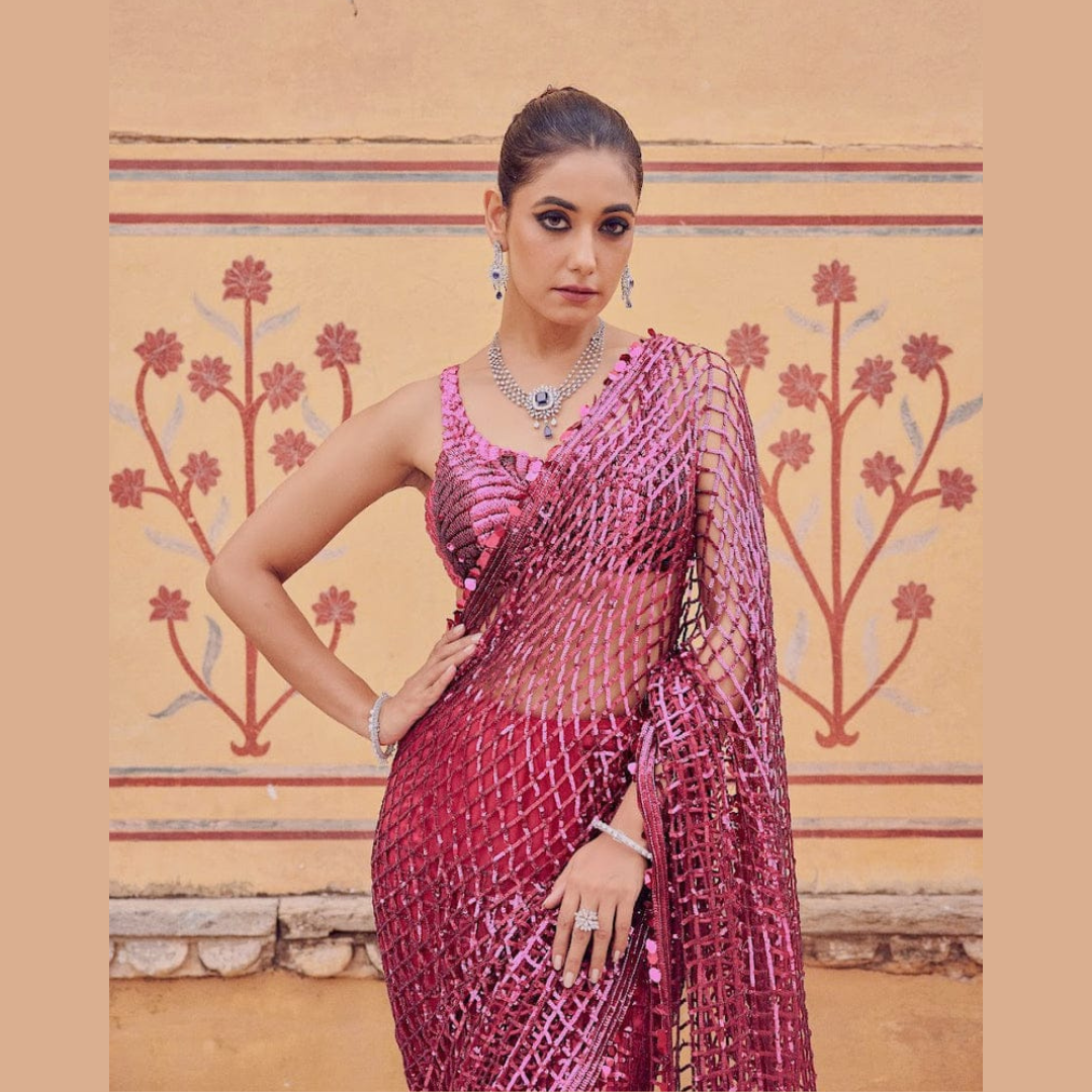 Pink Net saree embellished with Sequin