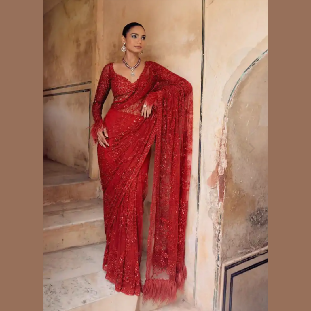 Red Net saree embellished with Sequin & Heavy Embroidered Blouse