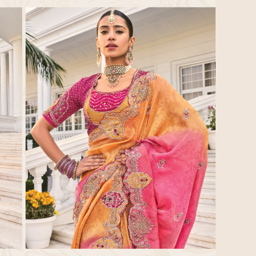 Pink & Orange Ombre Bridal Saree with Heavy Gold Zari Embroidery & Designer Blouse