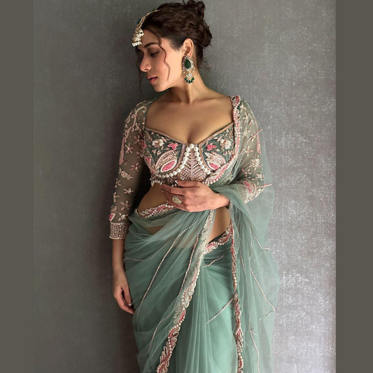 Green Net saree embellished with Sequin & white pearl with unstitched Stitched Blouse