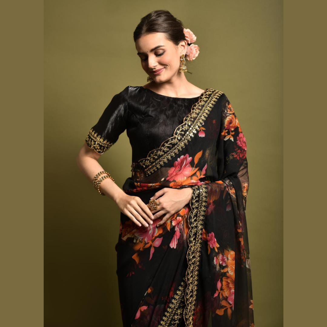Black georgette chiffon saree with flower print & sequin lace