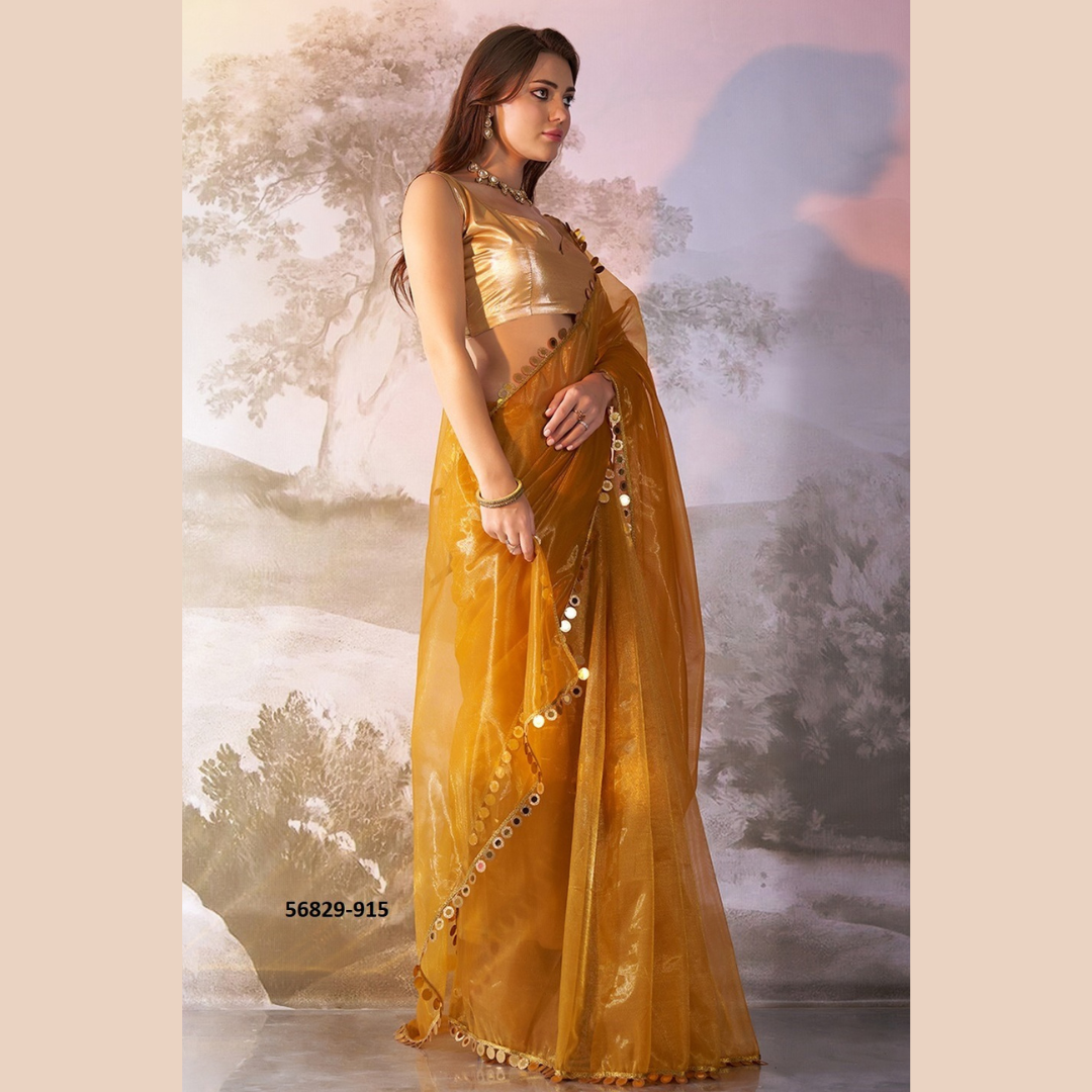 Yellow Glossy saree with golden lace border & Silk golden Blouse Piece