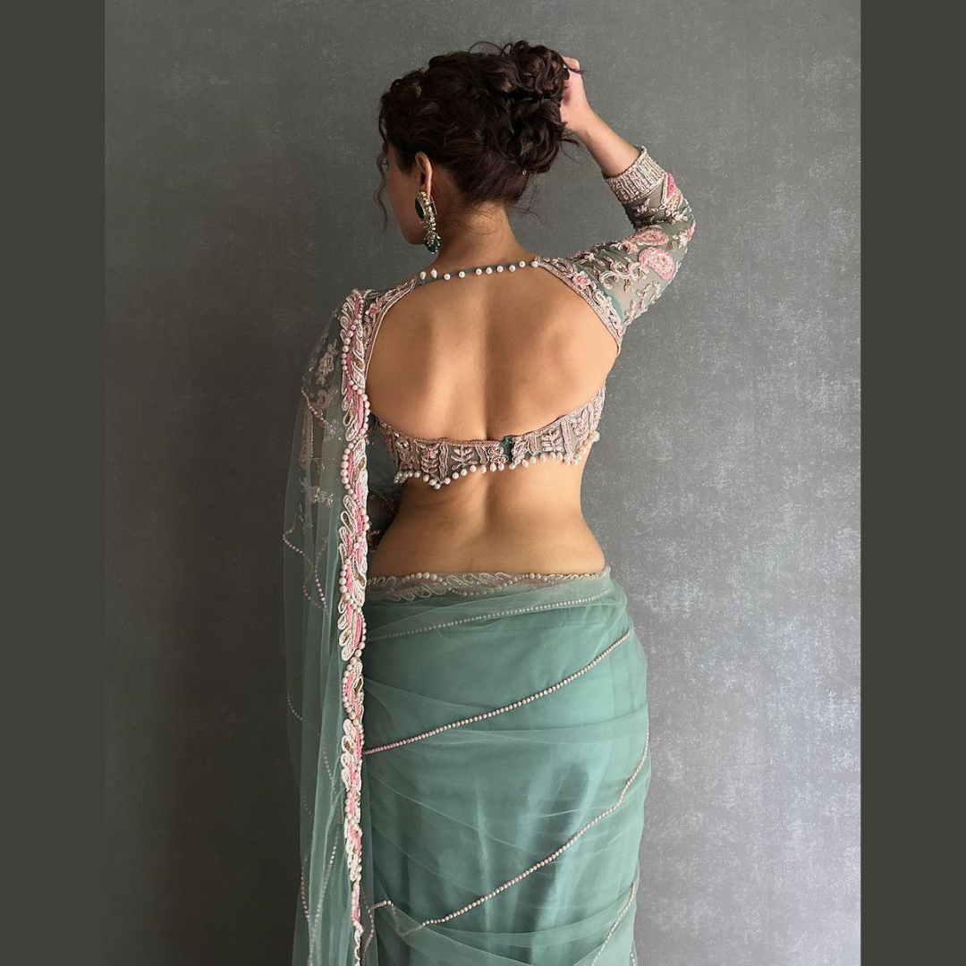 Green Net saree embellished with Sequin & white pearl with unstitched Stitched Blouse