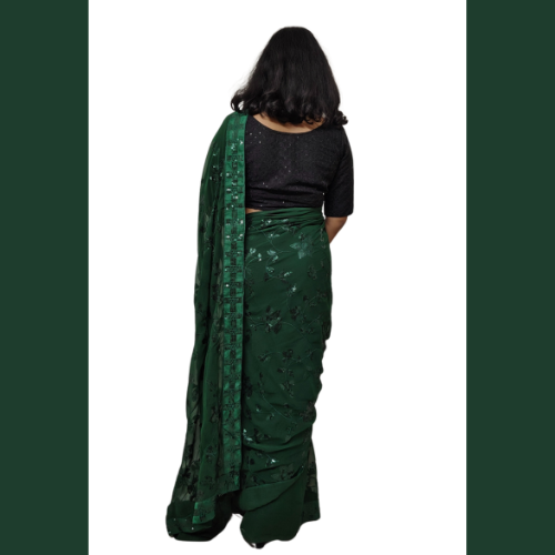 A Ready to wear Georgette saree embellished with Sequin with belt - Dark Green
