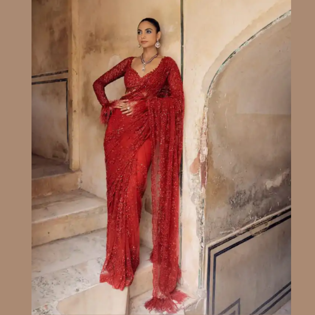 Red Net saree embellished with Sequin & Heavy Embroidered Blouse