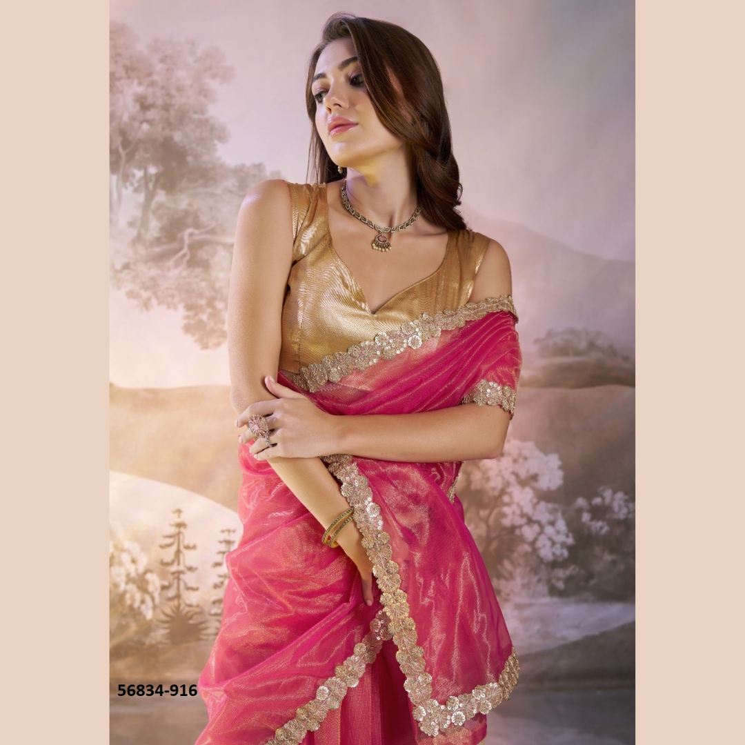 Dark Pink Glossy saree with golden lace border & Silk golden Blouse Piece