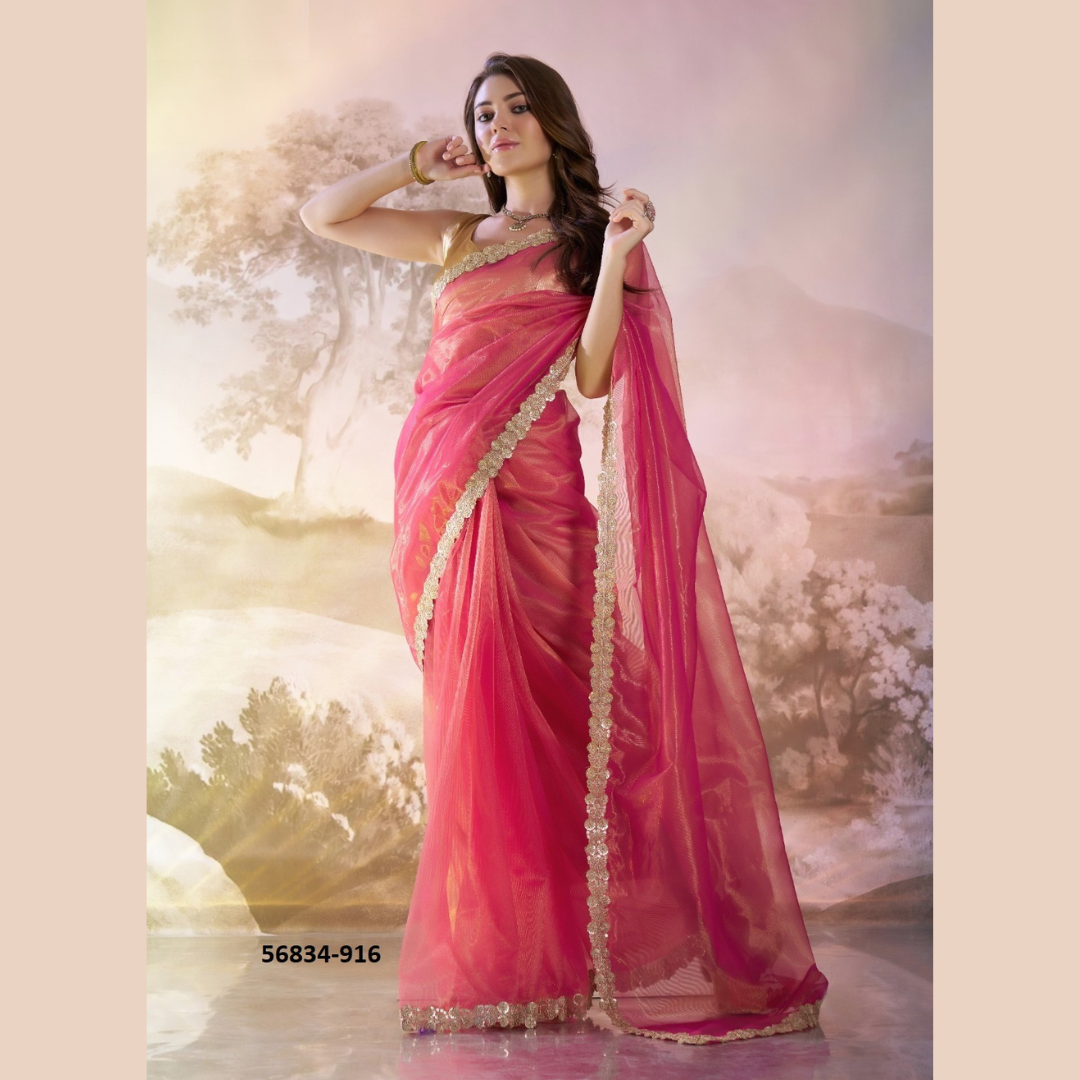 Dark Pink Glossy saree with golden lace border & Silk golden Blouse Piece