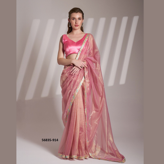 Pink Glossy saree with golden lace border & Silk Blouse Piece