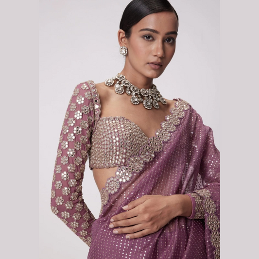 Rose Gold saree embellished with Sequin & full sleeve blouse piece.