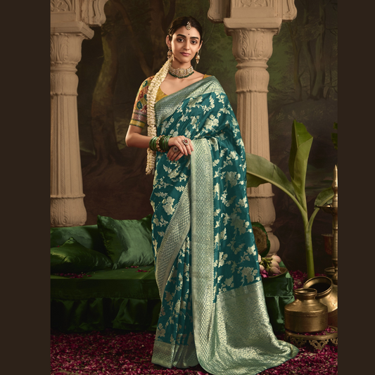 Teal Silk Saree With Heavy Zari weaving Work And Tussles On Pallu & Designer Fancy Blouse Piece
