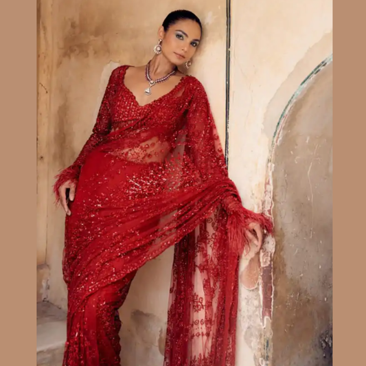 Red Net saree embellished with Sequin & Heavy Embroidered Blouse