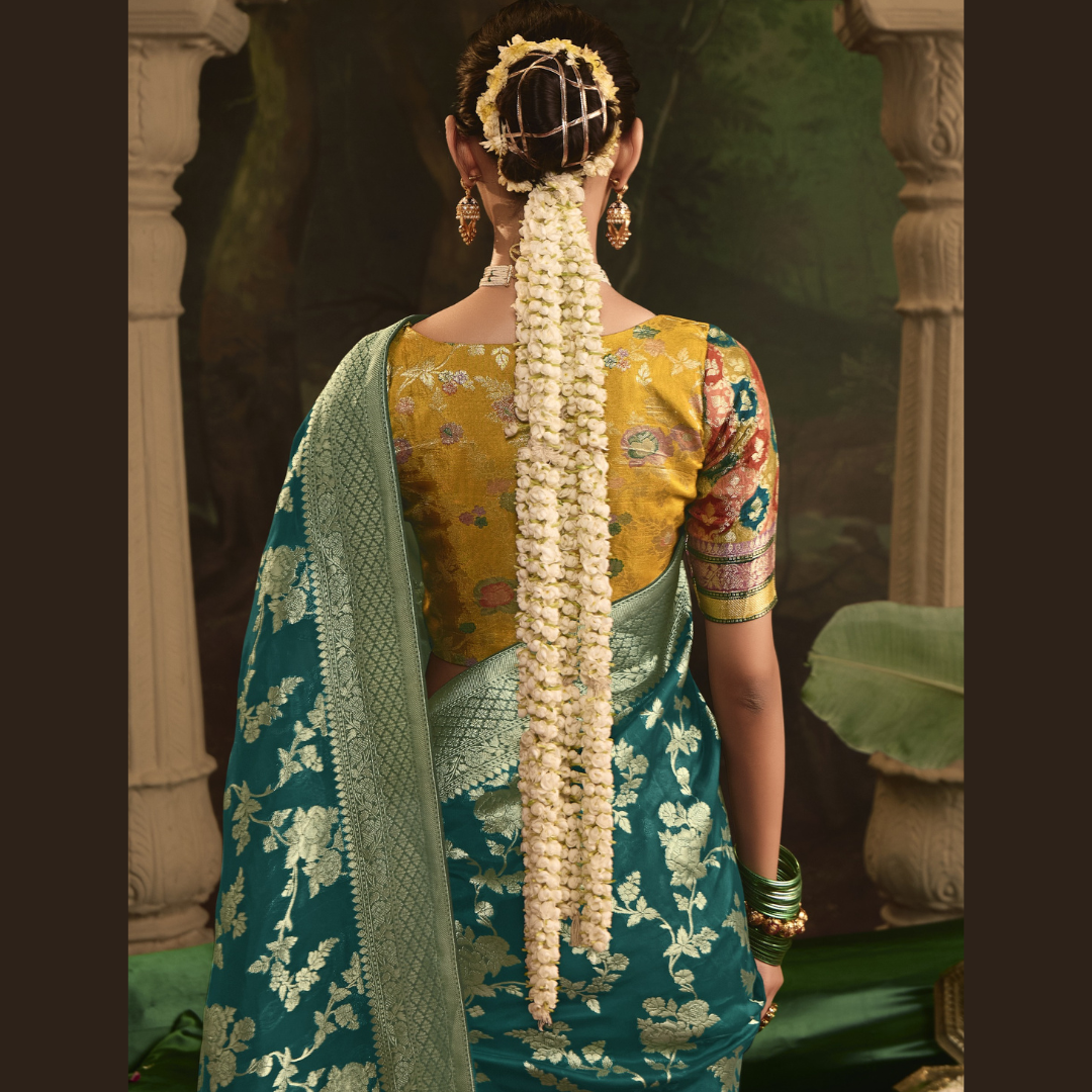 Teal Silk Saree With Heavy Zari weaving Work And Tussles On Pallu & Designer Fancy Blouse Piece