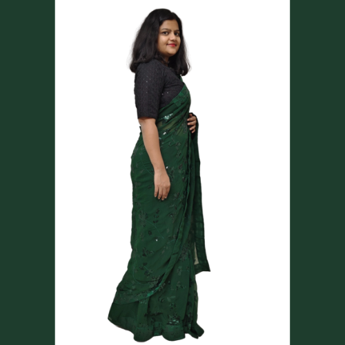 A Ready to wear Georgette saree embellished with Sequin with belt - Dark Green
