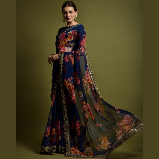 Navy Blue georgette chiffon saree with flower print & sequin lace