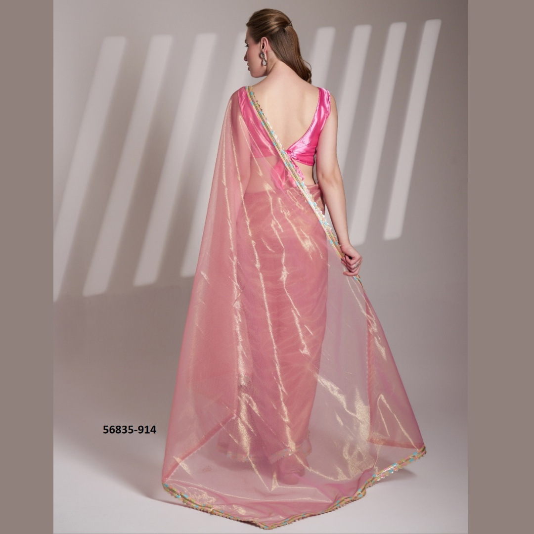 Pink Glossy saree with golden lace border & Silk Blouse Piece
