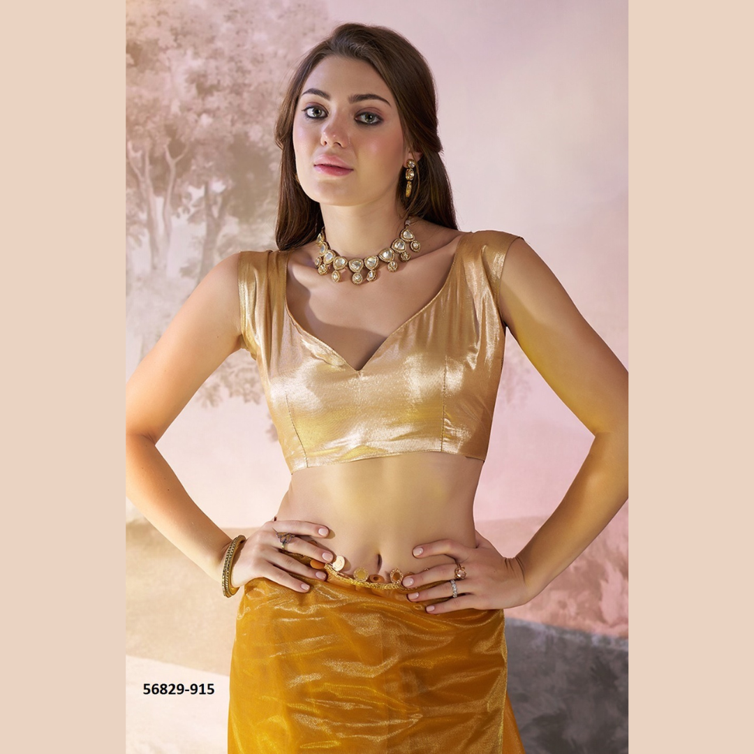 Yellow Glossy saree with golden lace border & Silk golden Blouse Piece