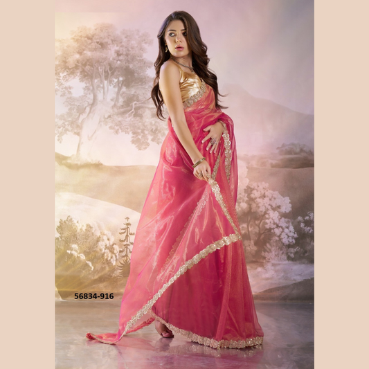 Dark Pink Glossy saree with golden lace border & Silk golden Blouse Piece