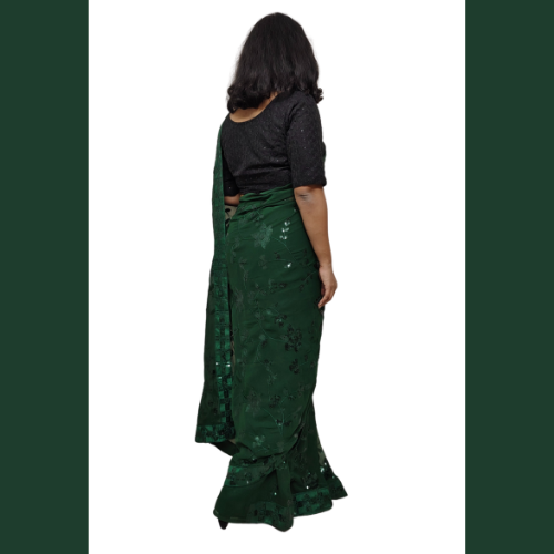 A Ready to wear Georgette saree embellished with Sequin with belt - Dark Green
