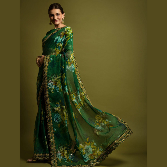 Green georgette chiffon saree with flower print & sequin lace