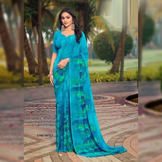 Elegant Blue Printed Georgette Saree – Perfect for Festive Occasions and Celebrations