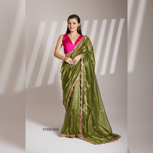 Elegant Green Glossy Saree by House of Anupama - Stunning Festival Wear with Intricate Designs & Soft Fabric