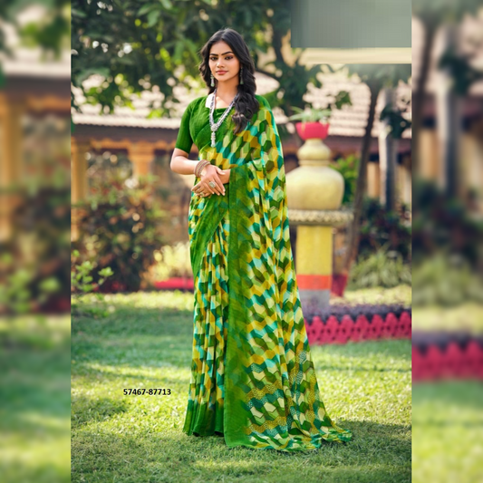 Eye-Catching Green Yellow Georgette Saree with Unique Prints