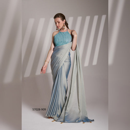 Graceful Grey Glossy Saree with a Touch of Glamour – Ideal for Evening Soirees and Gatherings