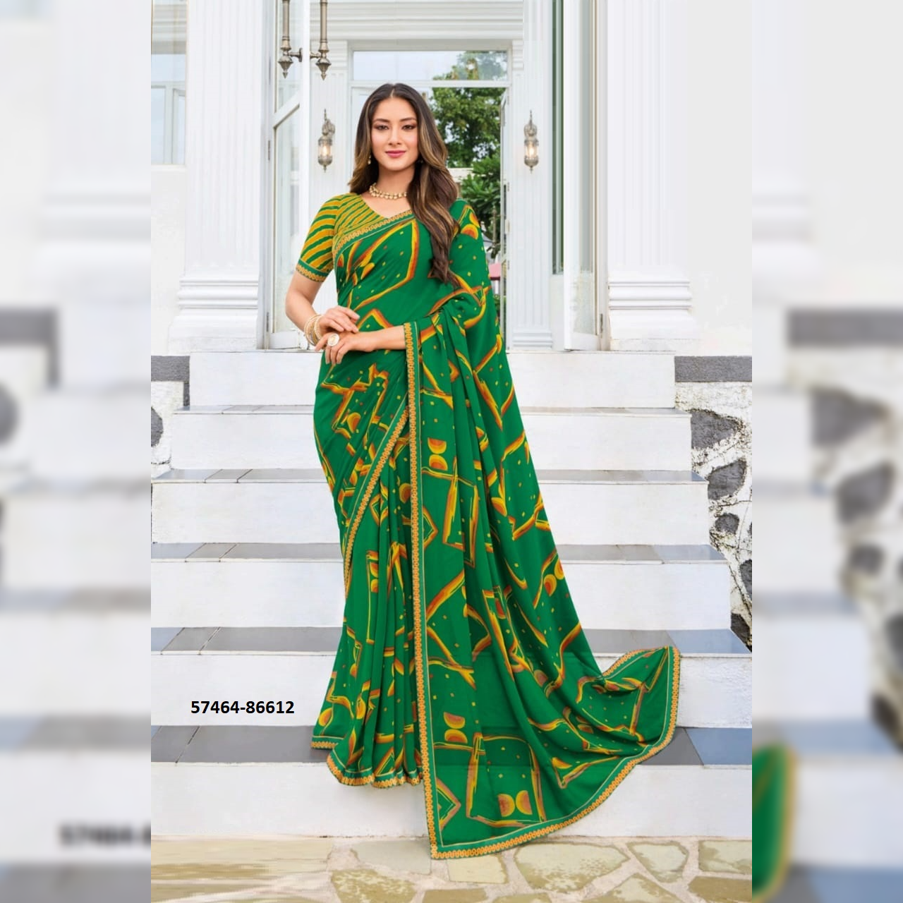 Exquisite Green Georgette Saree Adorned with Beautiful Prints – The Ultimate Choice for Trendsetters and Style Enthusiasts