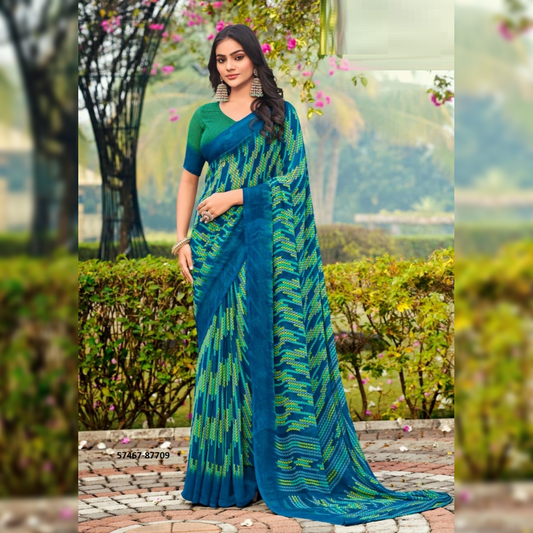 Exquisite Green Blue Printed Saree – Elevate Your Wardrobe with This Unique Design