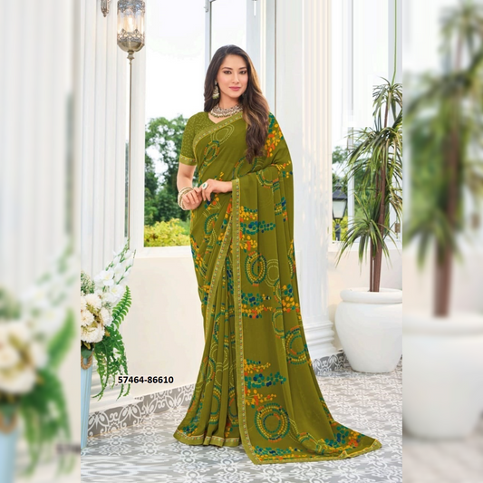 Lush Green Georgette Saree Featuring Flowing Drapes and Soft Sheen