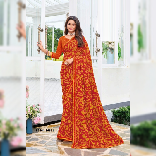 Beautifully Crafted Yellow & Red Printed Georgette Saree