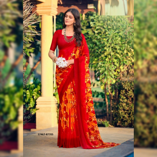 Stunning Red & Yellow Georgette Saree with Eye-Catching Prints