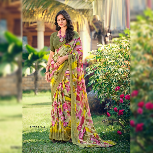 Multicolor Printed Georgette Saree Indian Fashion Ethnic Saree Traditional Wear Women's Clothing Party Wear