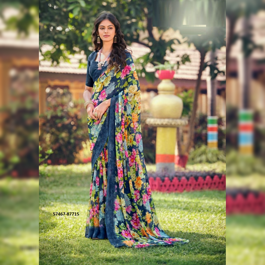 Women's Multicolor Georgette Printed Saree Indian Traditional Clothing Sari Festive Wear Party Outfit Ethnic Gift
